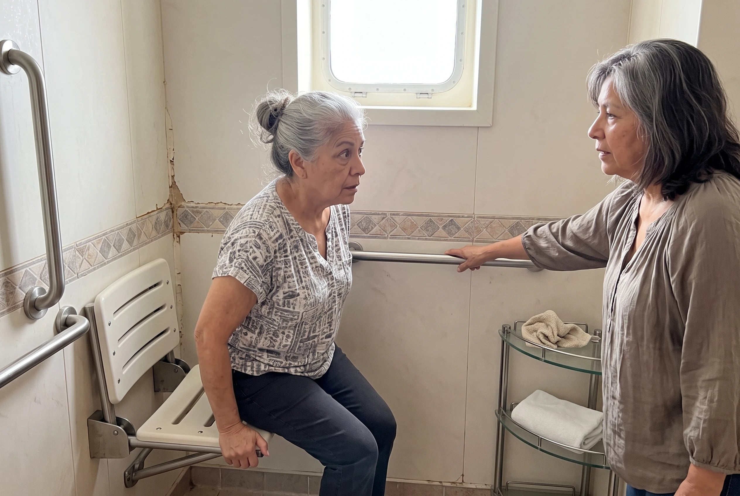 Older woman testing a fold-down shower bench in an accessible cruise cabin bathroom.