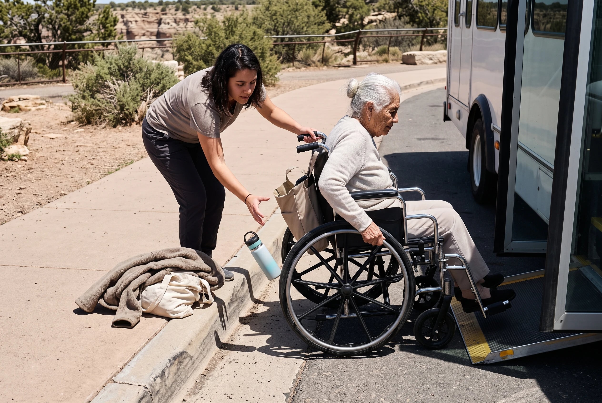 Older woman boarding a Grand Canyon shuttle with her mobility device.