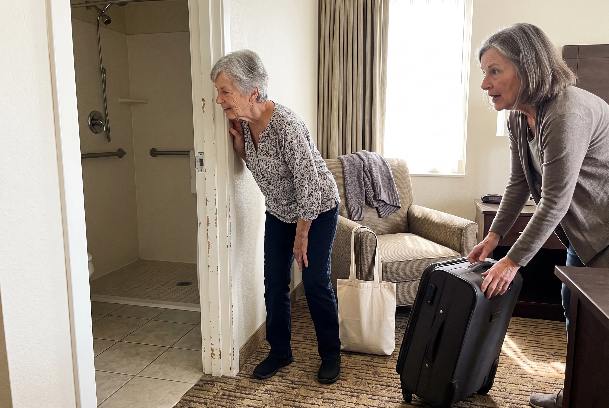 Older woman checking a roll-in shower while her suitcase stands inside a hotel room.