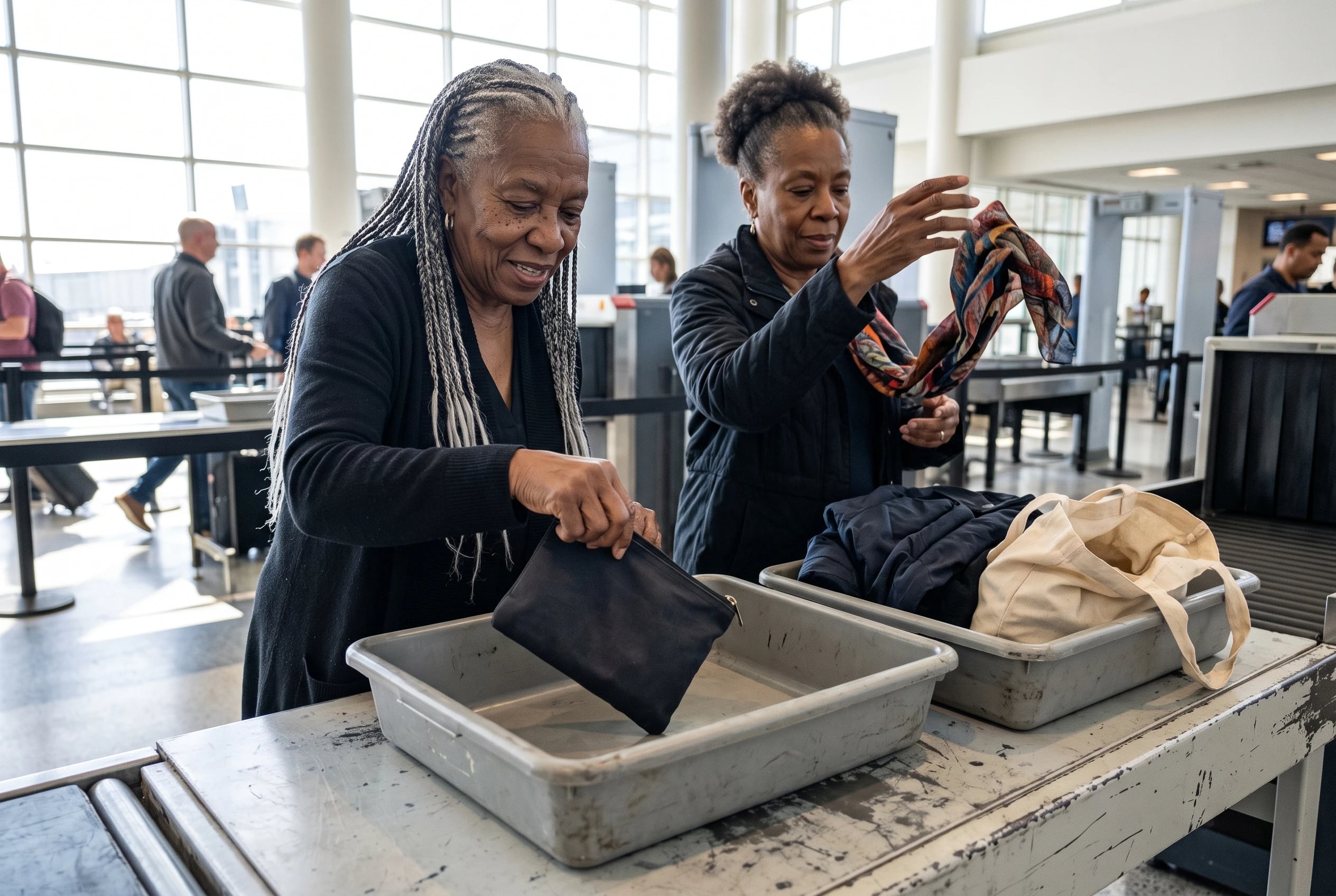 Older woman placing her medication bag in an airport screening tray.