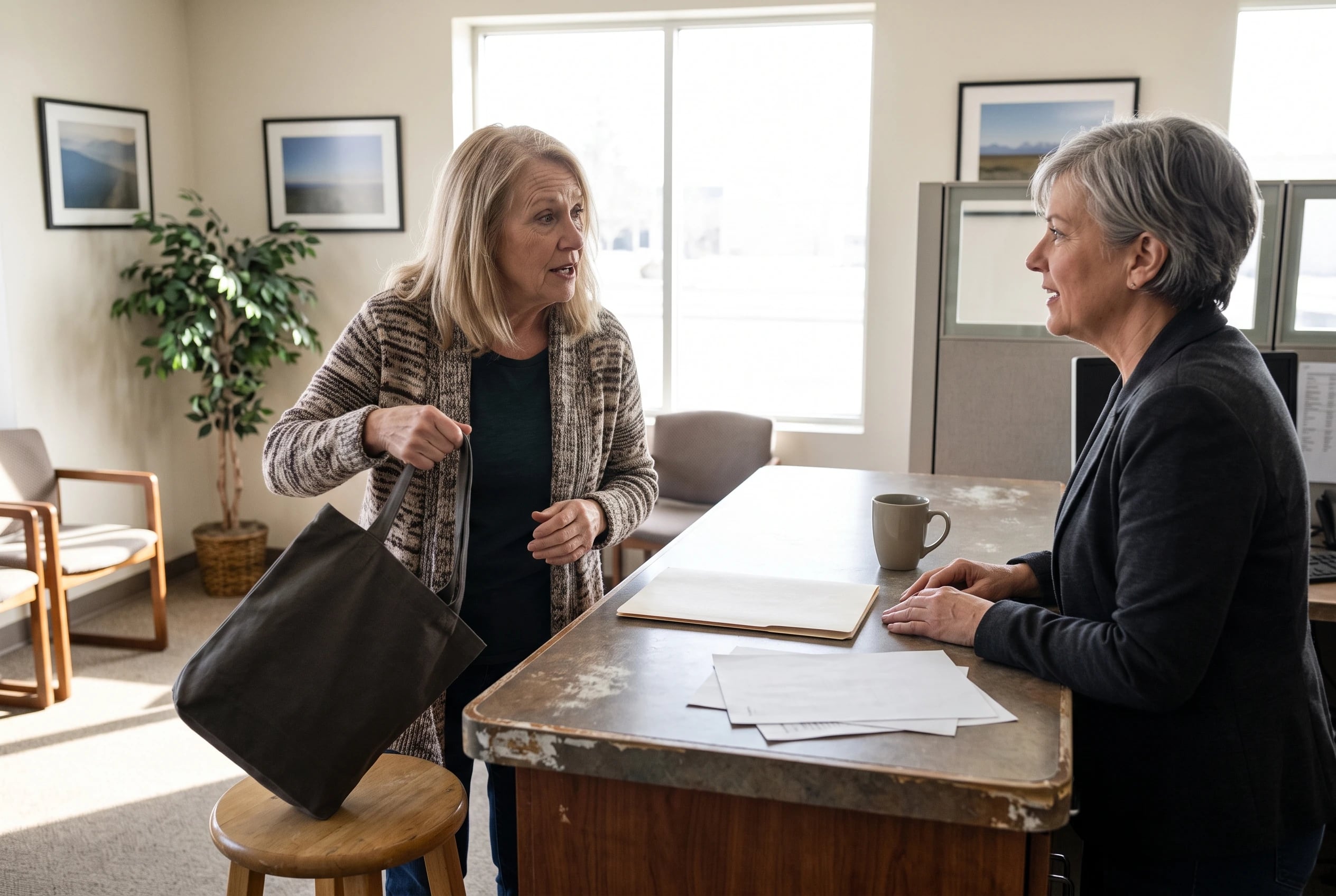 Older woman speaking with a travel advisor across a counter in a travel agency.
