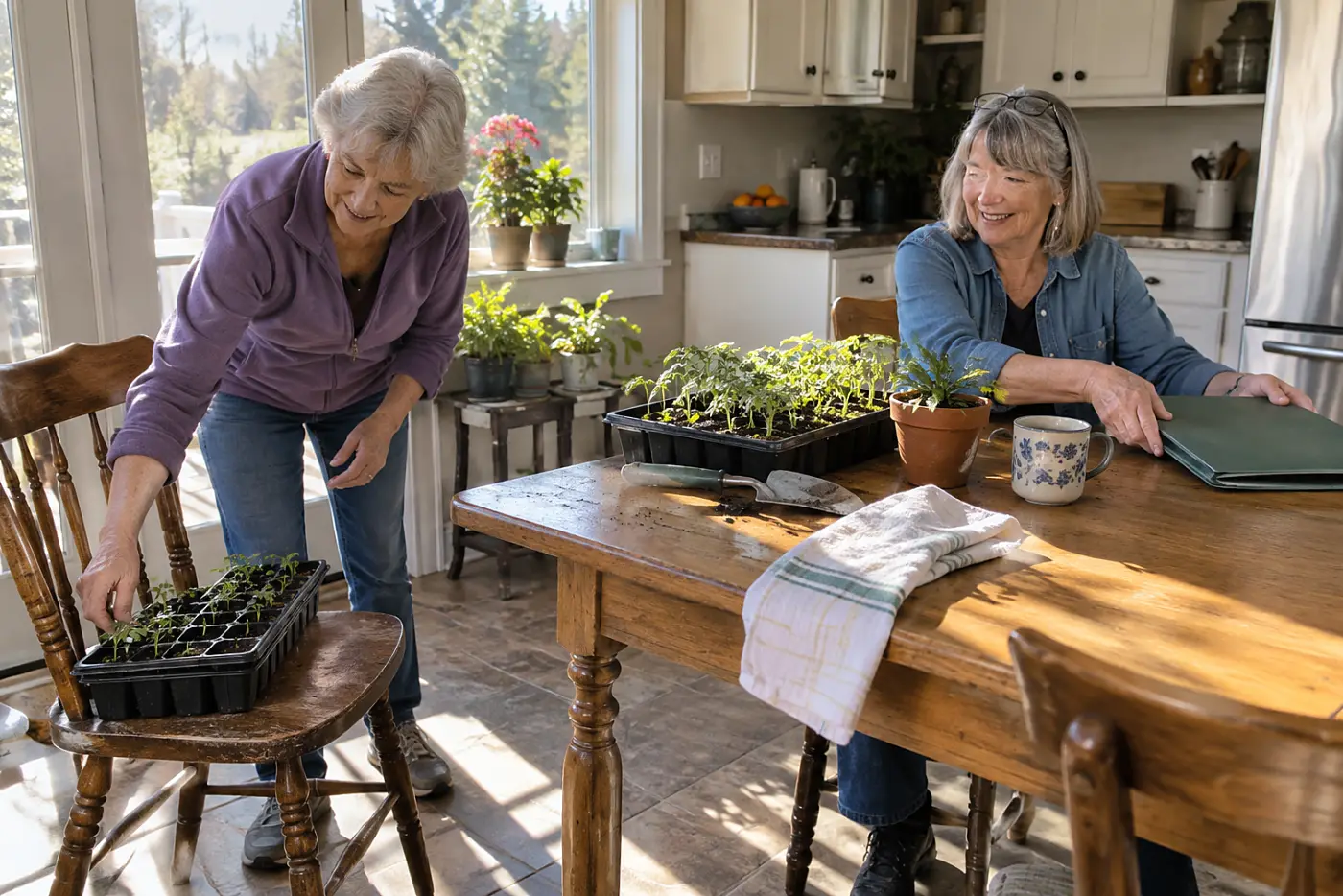 Older woman writing beside a sketch of garden beds at her kitchen table.