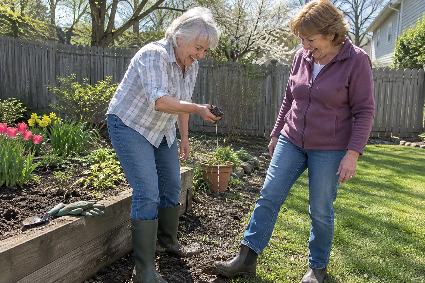 Older woman squeezing wet soil in her palm beside a spring garden bed.
