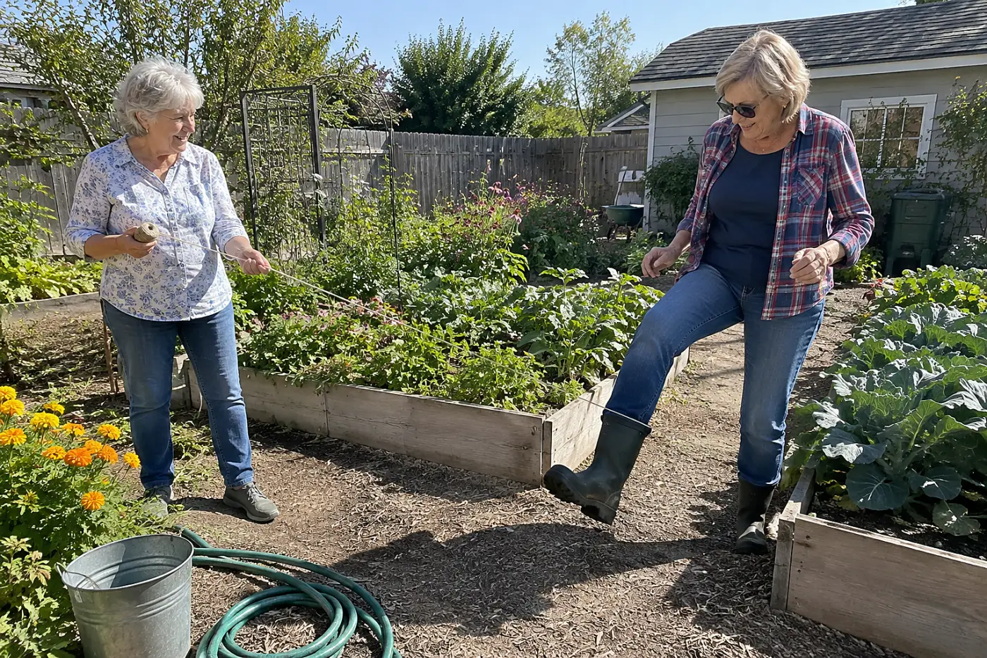 Older woman stretching string along a garden path between two beds.