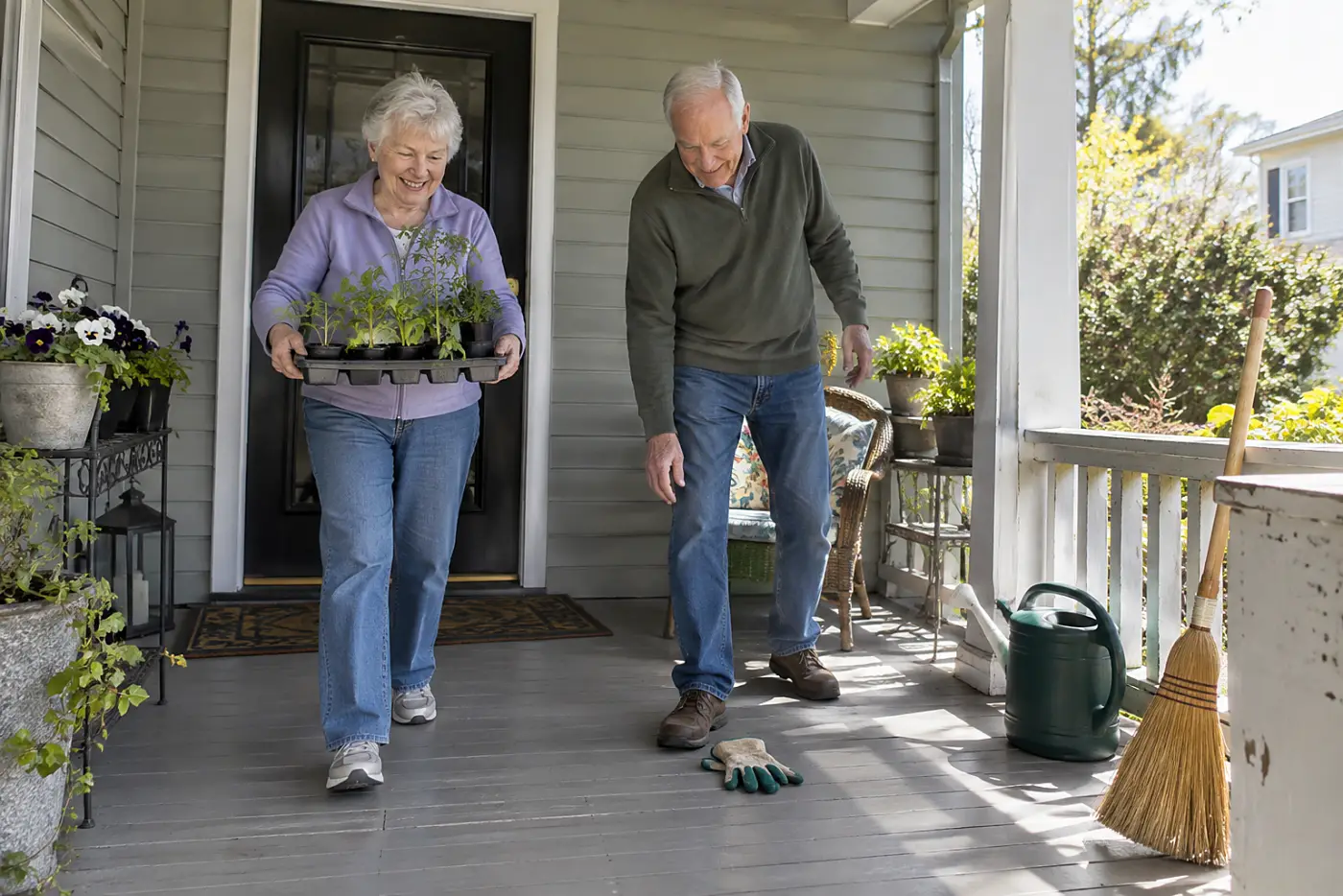 Older woman carrying a tray of seedlings onto a sheltered porch.