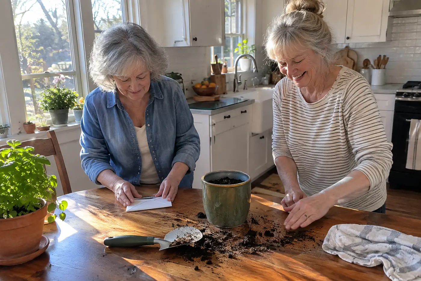 Older woman reading the back of a seed packet at a kitchen table.