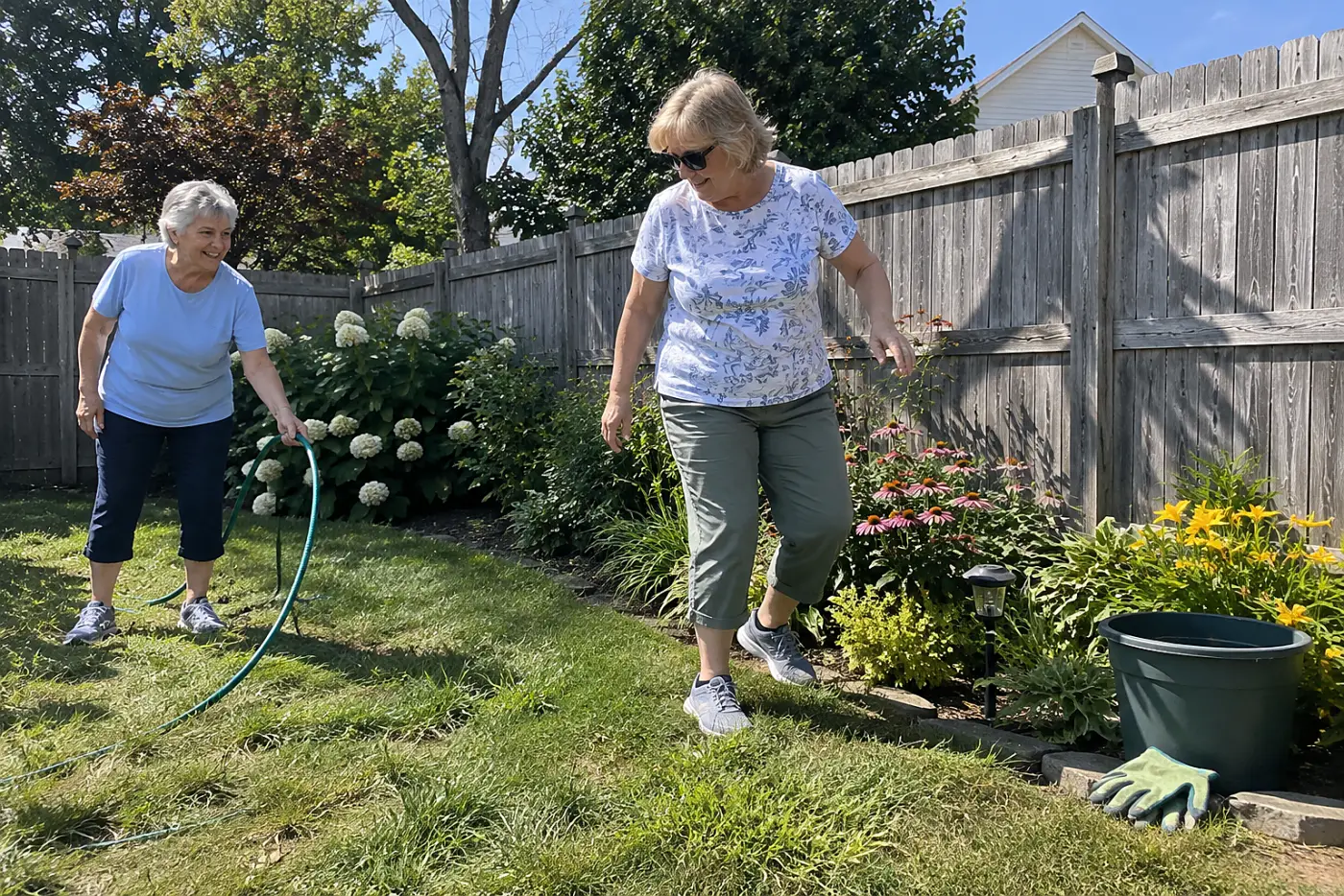 Older woman photographing a sunny patch beside a backyard fence.
