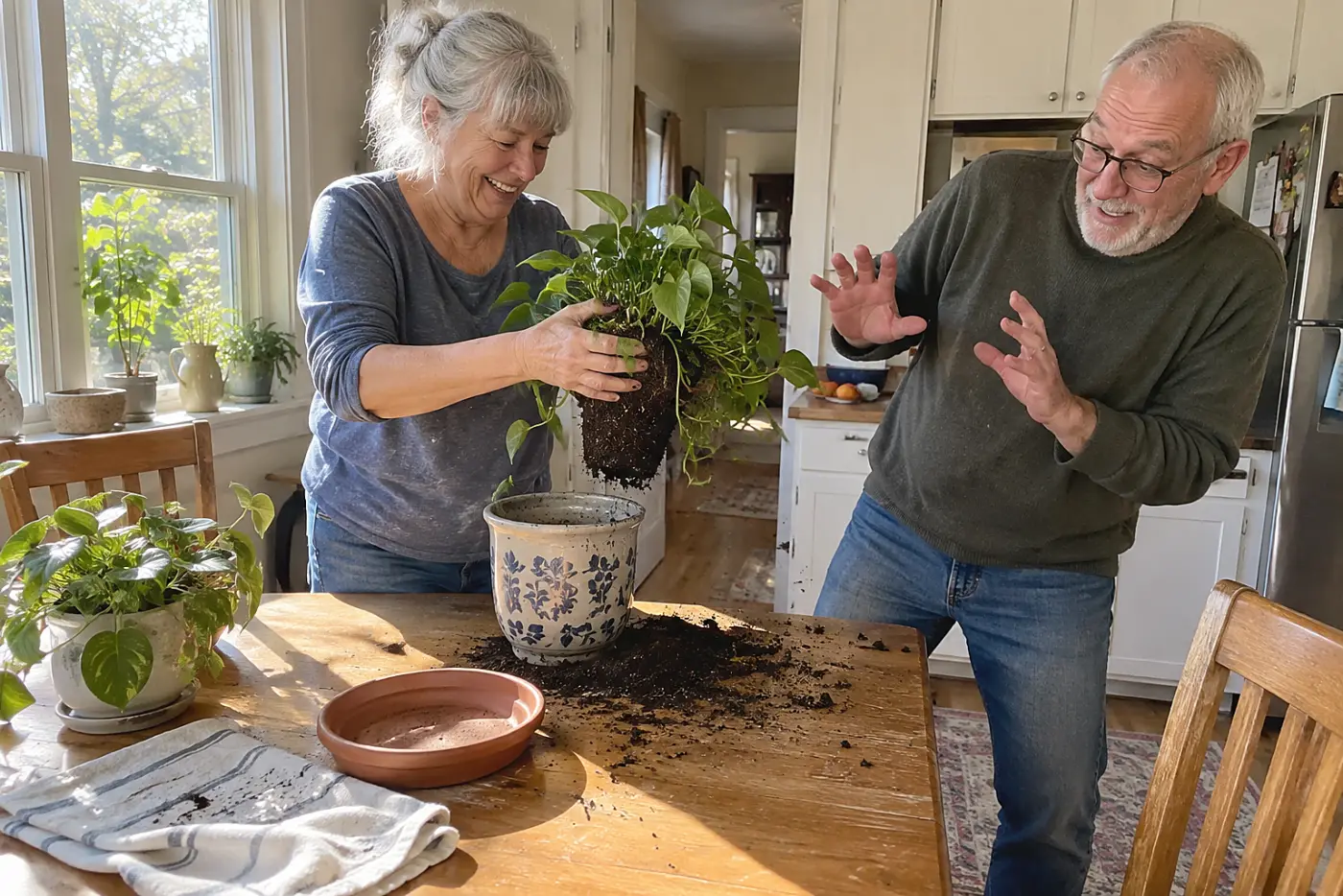 Older woman easing a houseplant from its pot at a kitchen table.