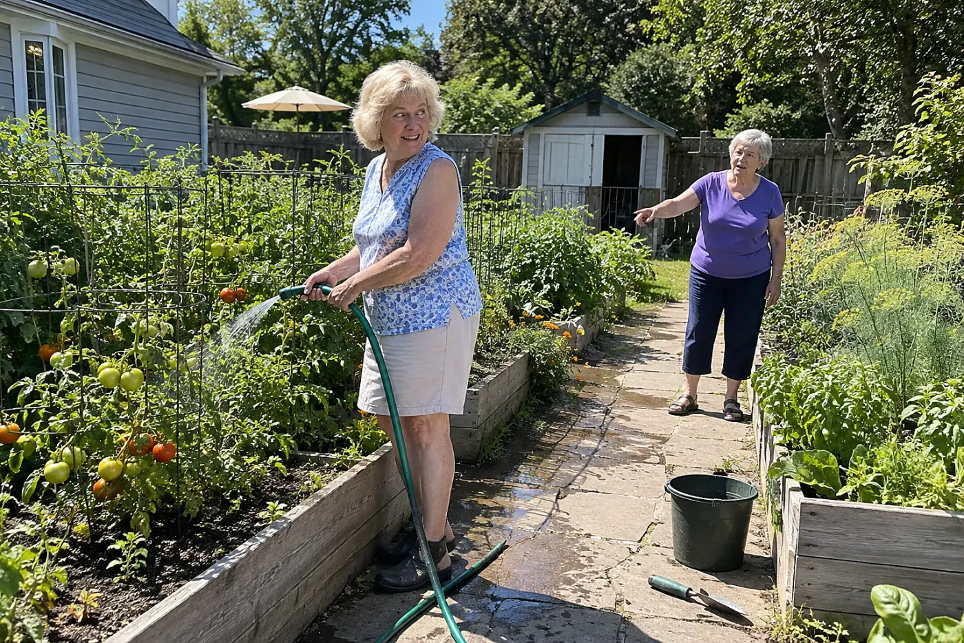 Older woman laying a hose beside tomato plants in a vegetable garden.