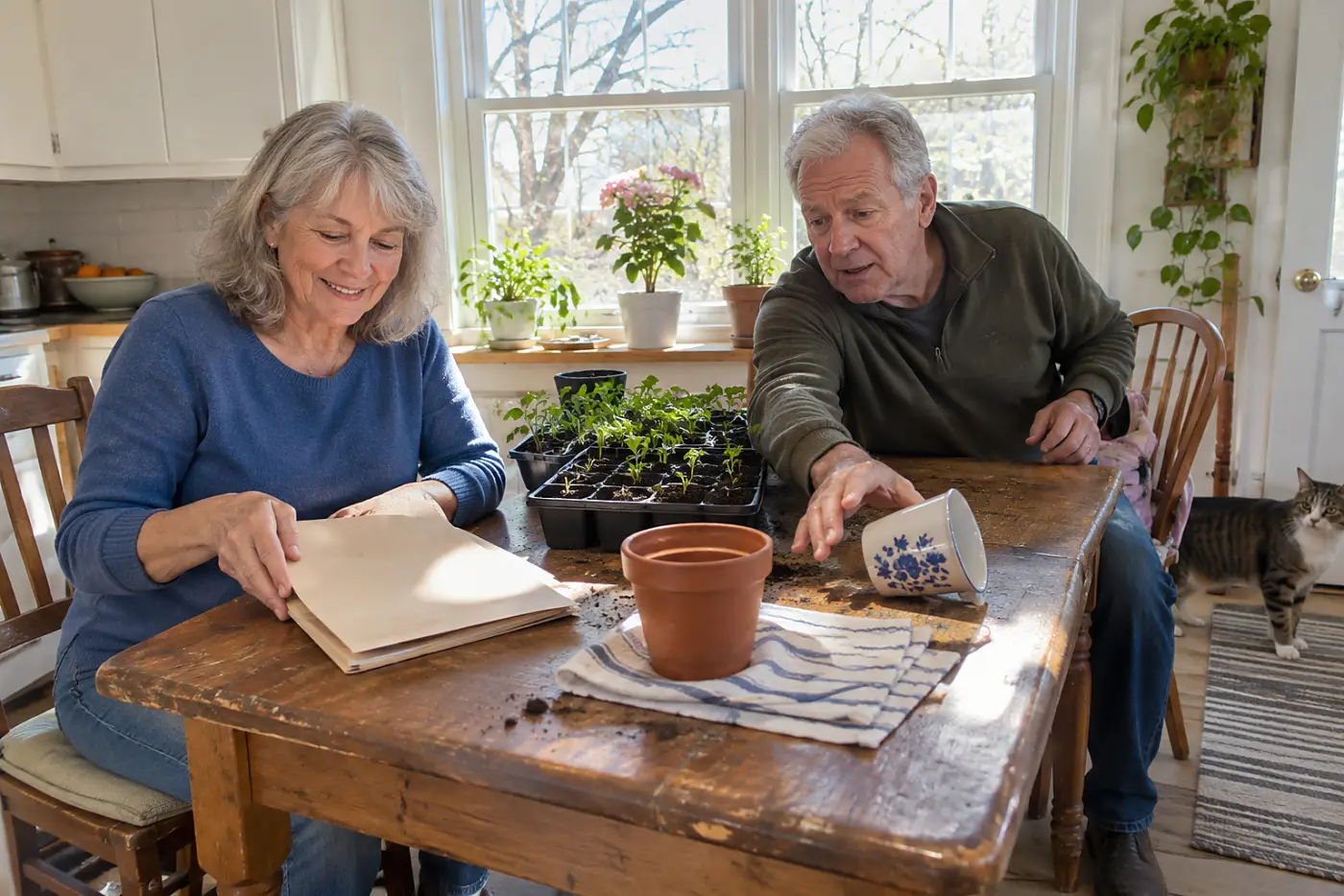 Older woman writing a planting date on a calendar at her kitchen table.