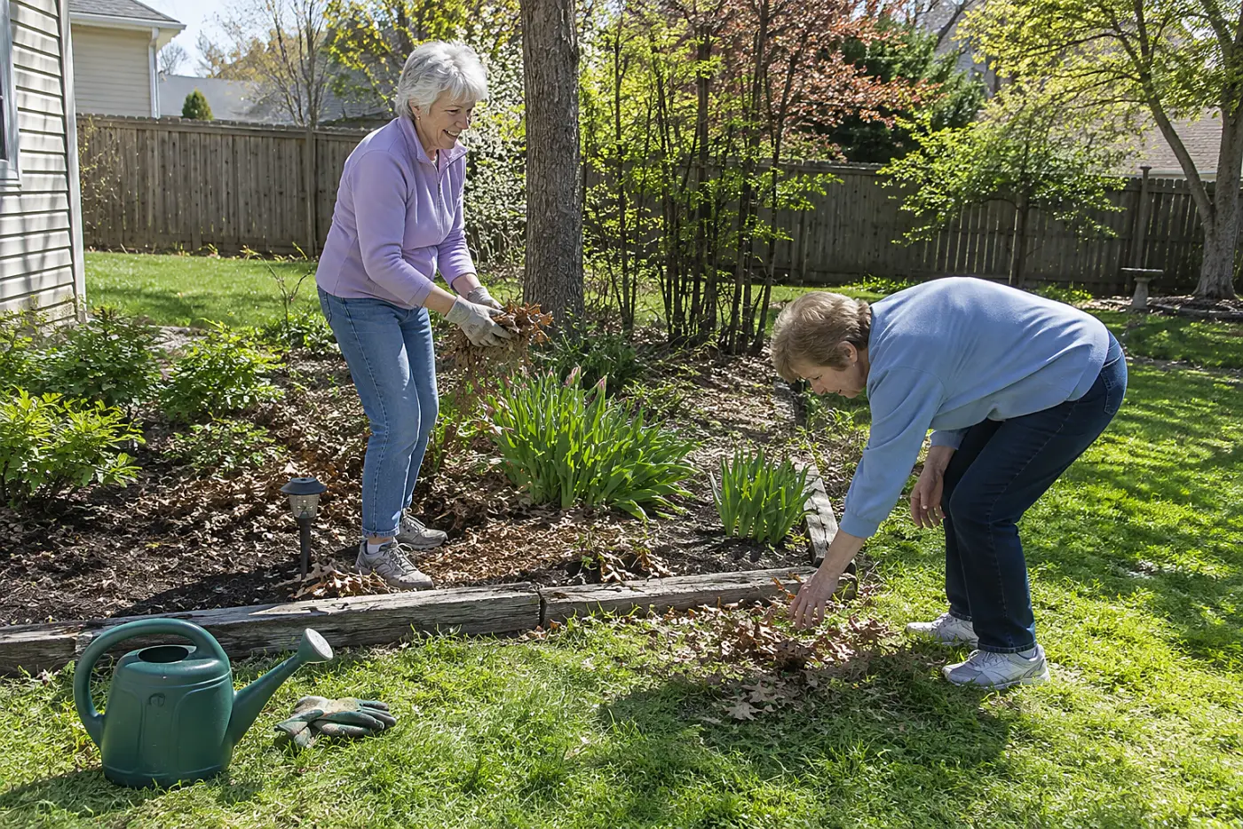 Older woman spreading shredded leaves around plants in a backyard bed.
