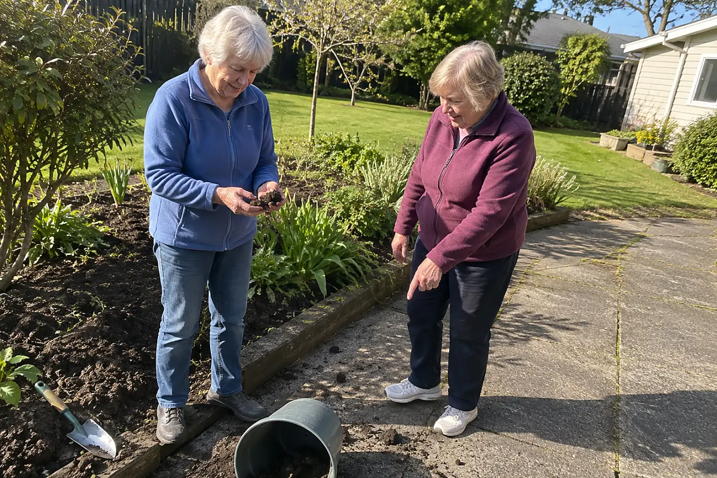 Older woman breaking apart a handful of soil beside a garden bed.