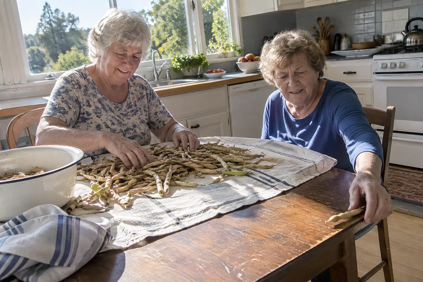 Older woman spreading dry bean pods on newspaper at a kitchen table.