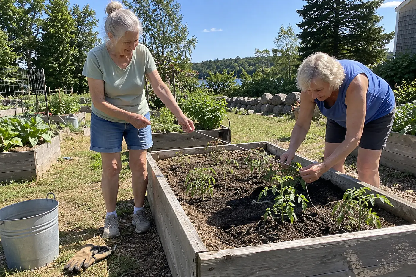 Older woman measuring the gap between young tomato plants in a raised bed.
