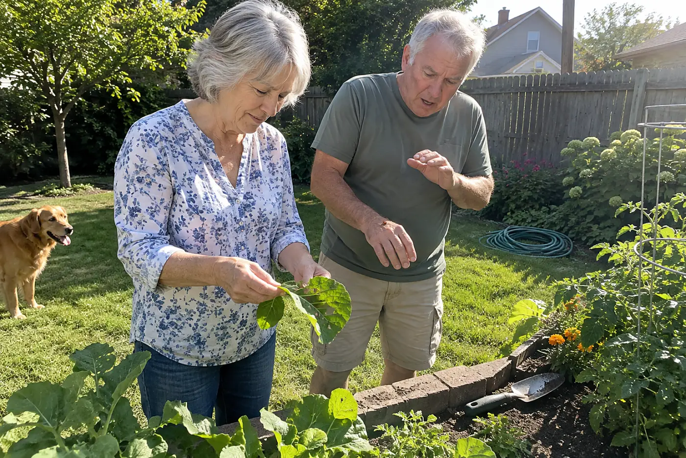Older woman turning over a chewed leaf in a backyard garden.