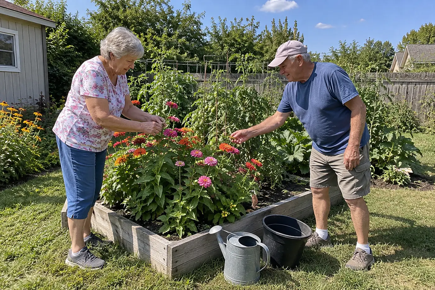 Older woman tending flowering plants beside a vegetable patch.