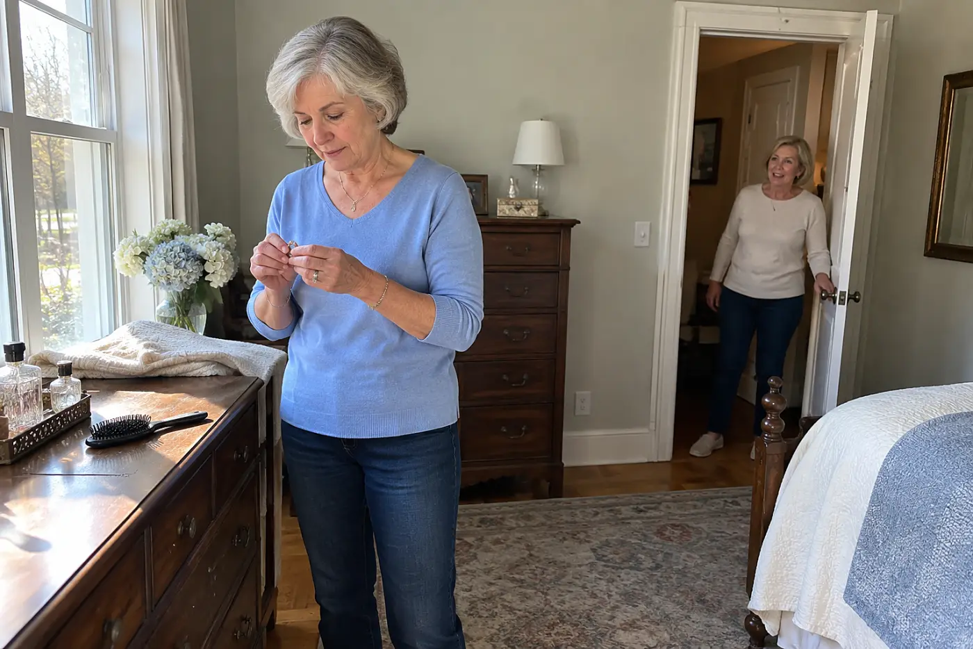 A woman in her sixties in a blue sweater stands by a bedroom window holding rings.