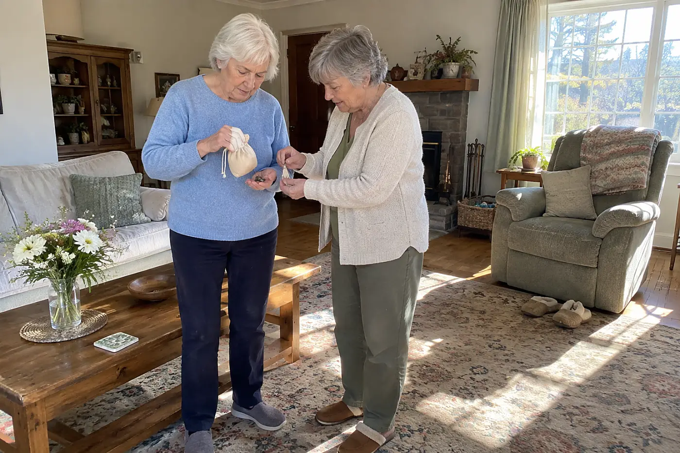 Two women in their seventies examine a loose stone from a small cloth pouch.
