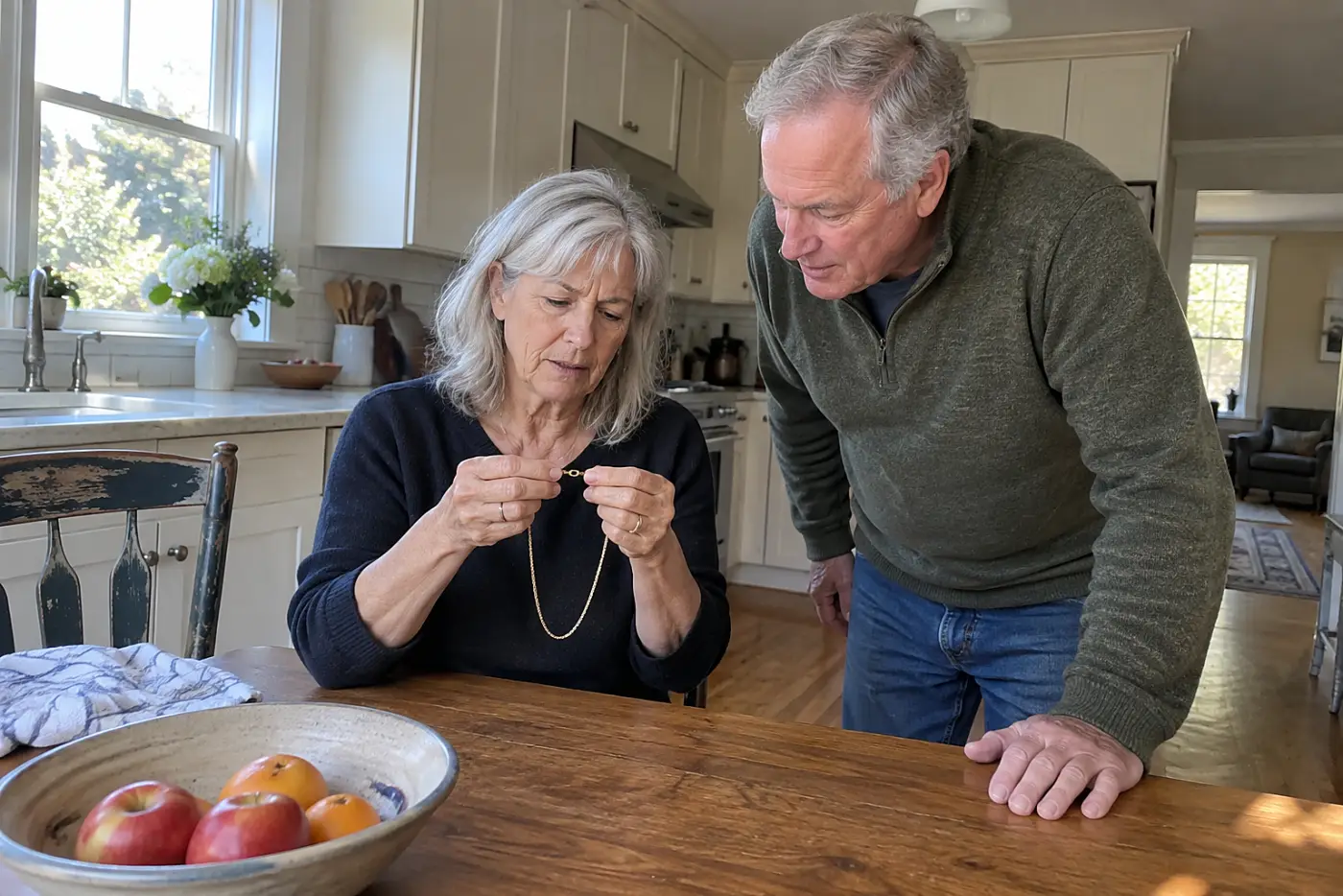A woman in her sixties examines a gold necklace clasp beside a man in a kitchen.
