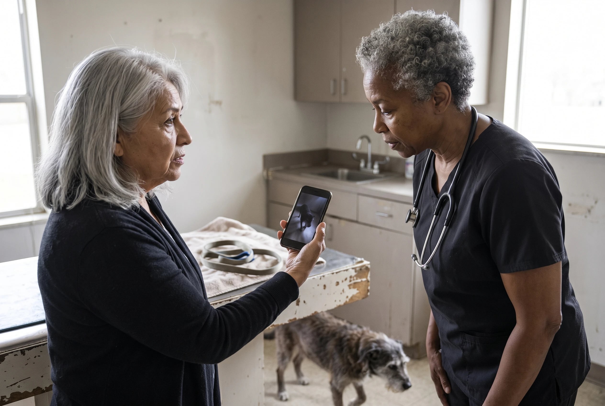 An older woman shows a veterinarian a video of her dog pacing in an exam room.