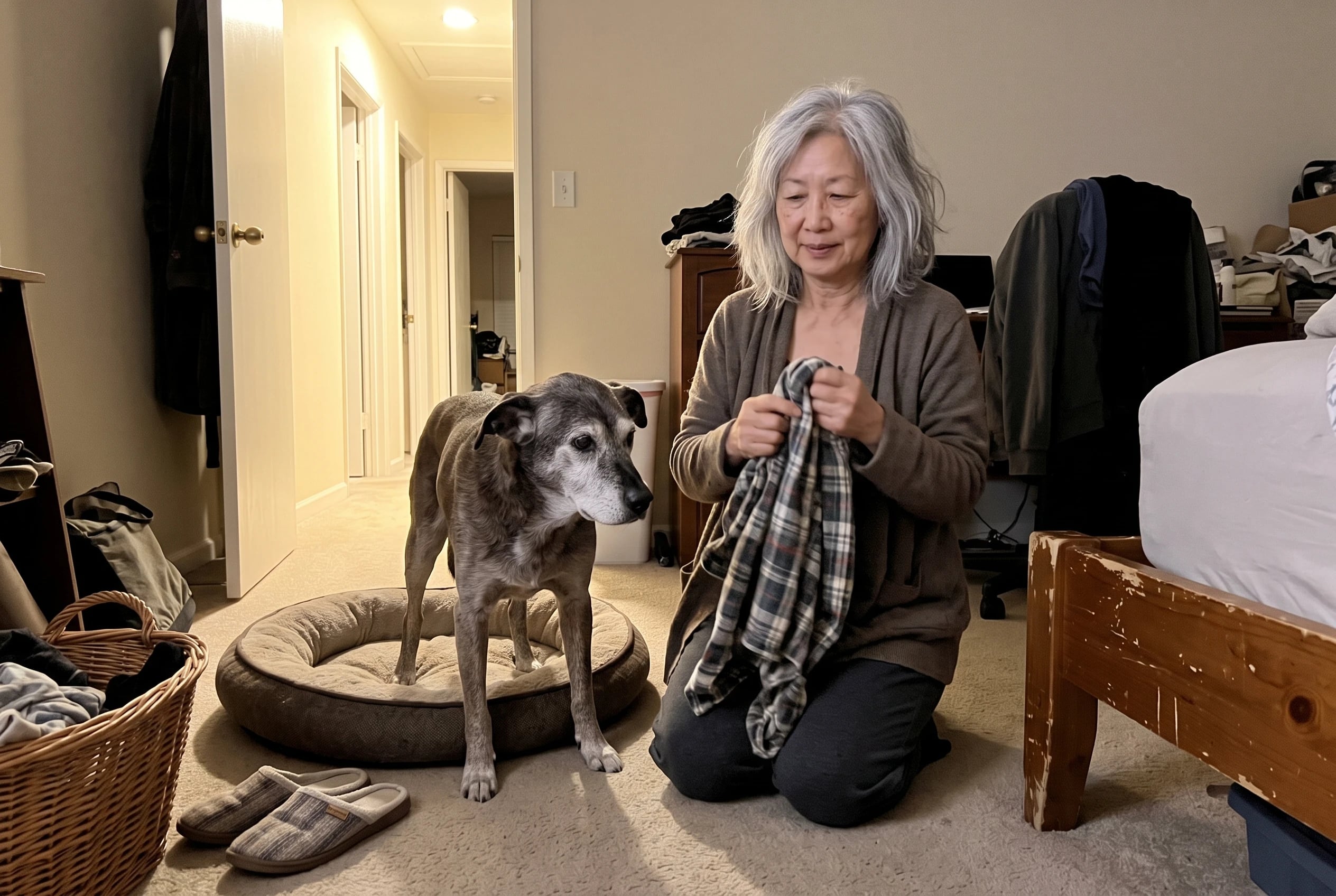 An older woman kneels beside her dog as he stands next to his bed at night.