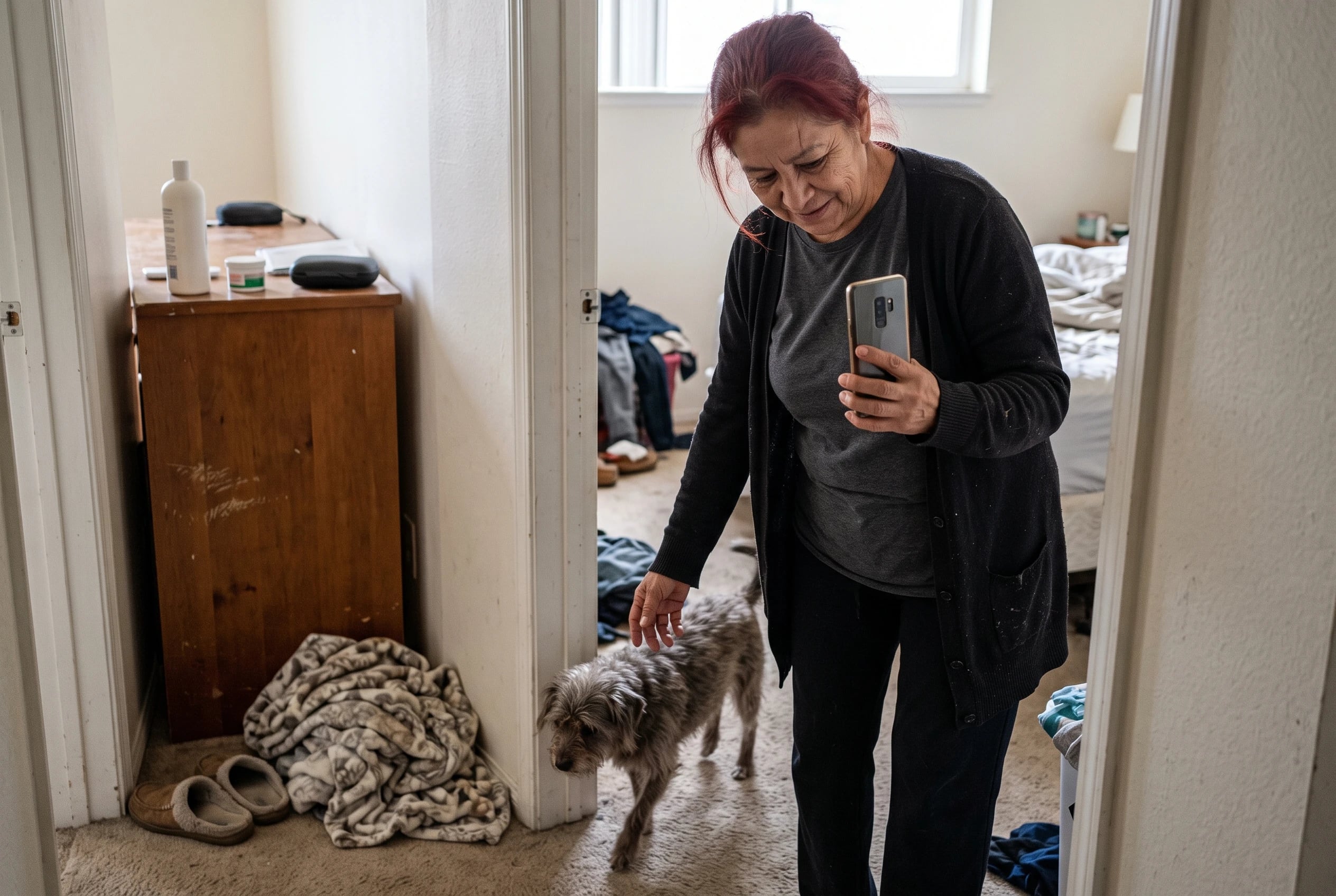 An older woman records her dog’s unusual wandering from the bedroom doorway.
