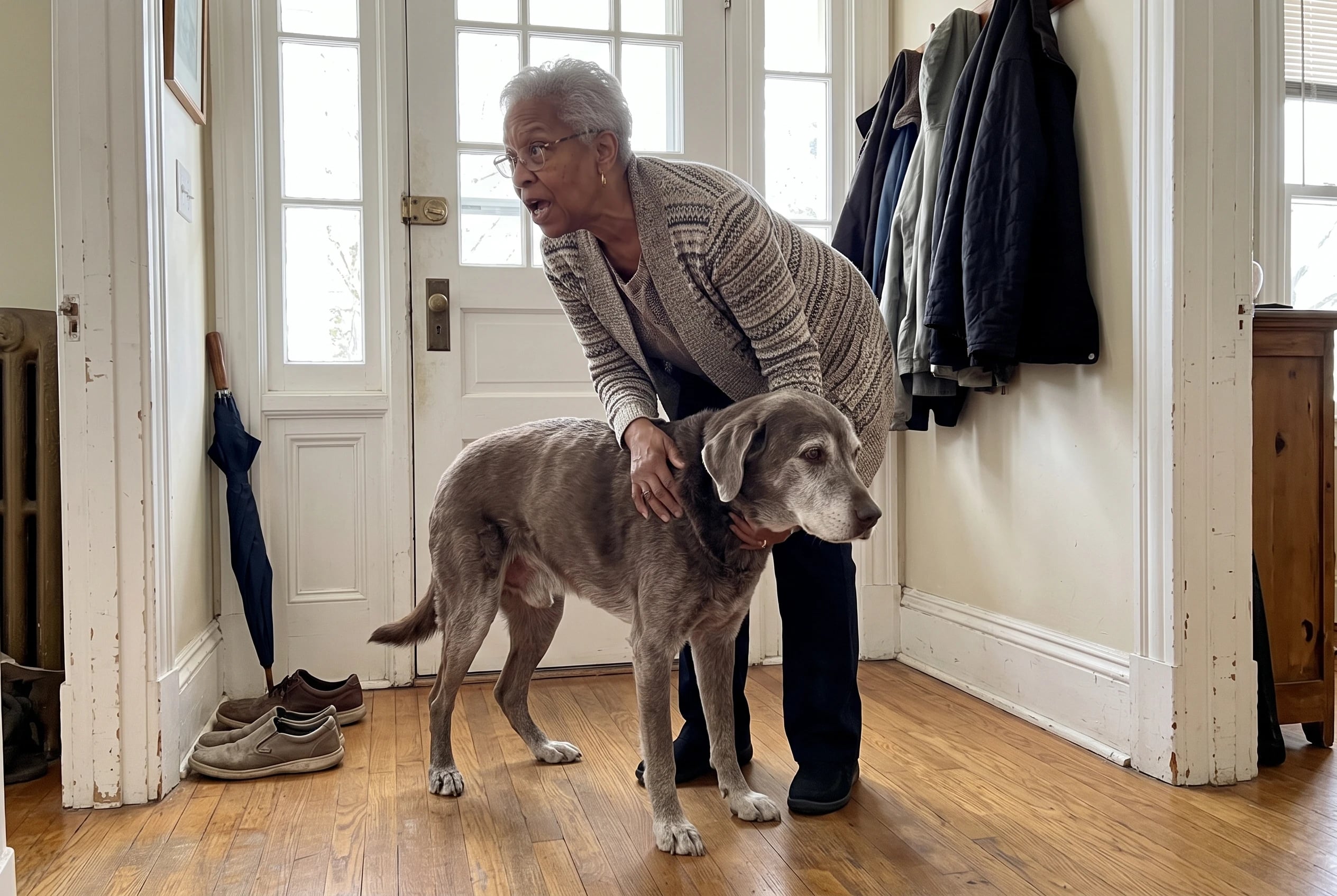 An older woman steadies her unbalanced dog in the front hallway.