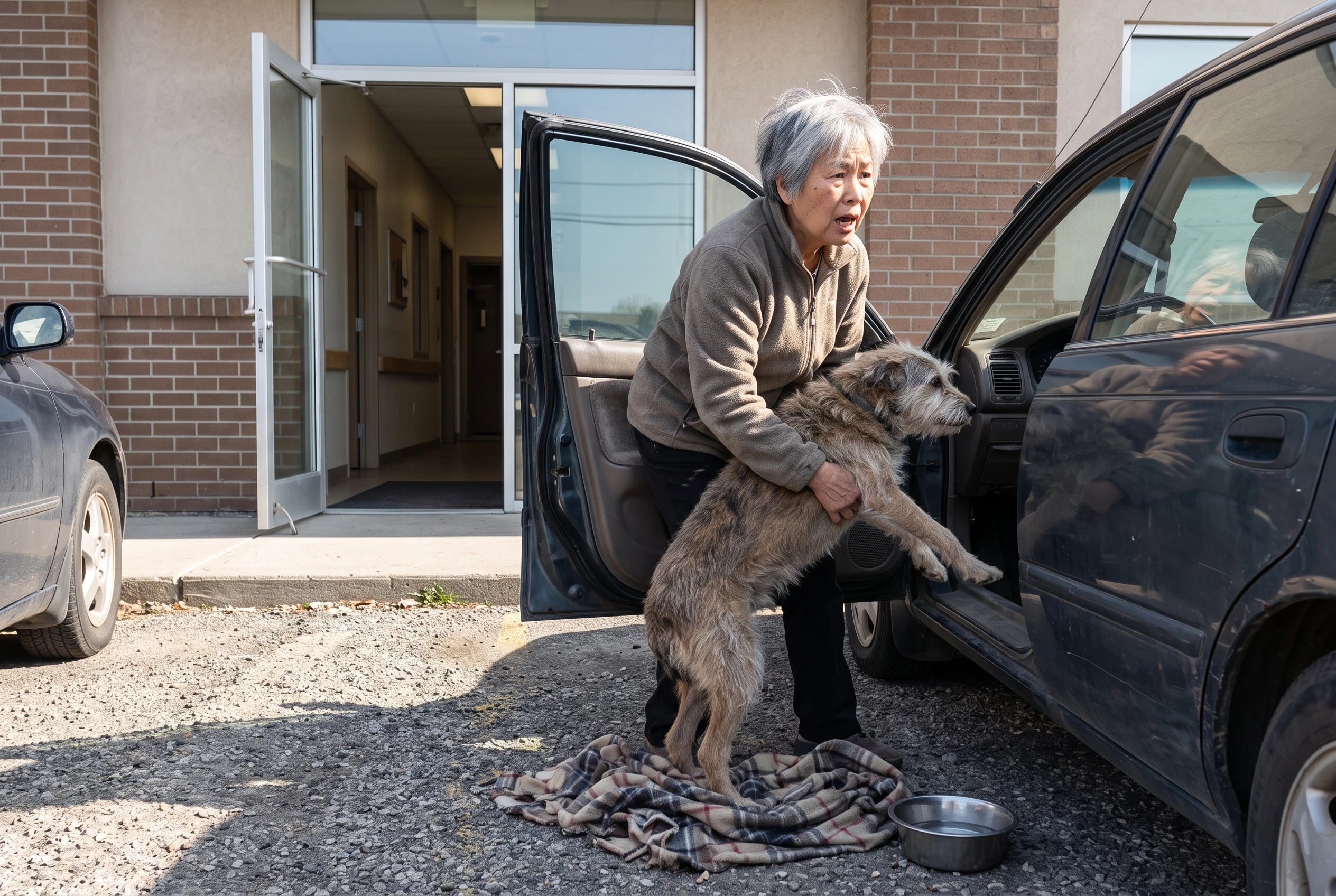 An older woman helps her retching dog into a car outside an emergency veterinary clinic.