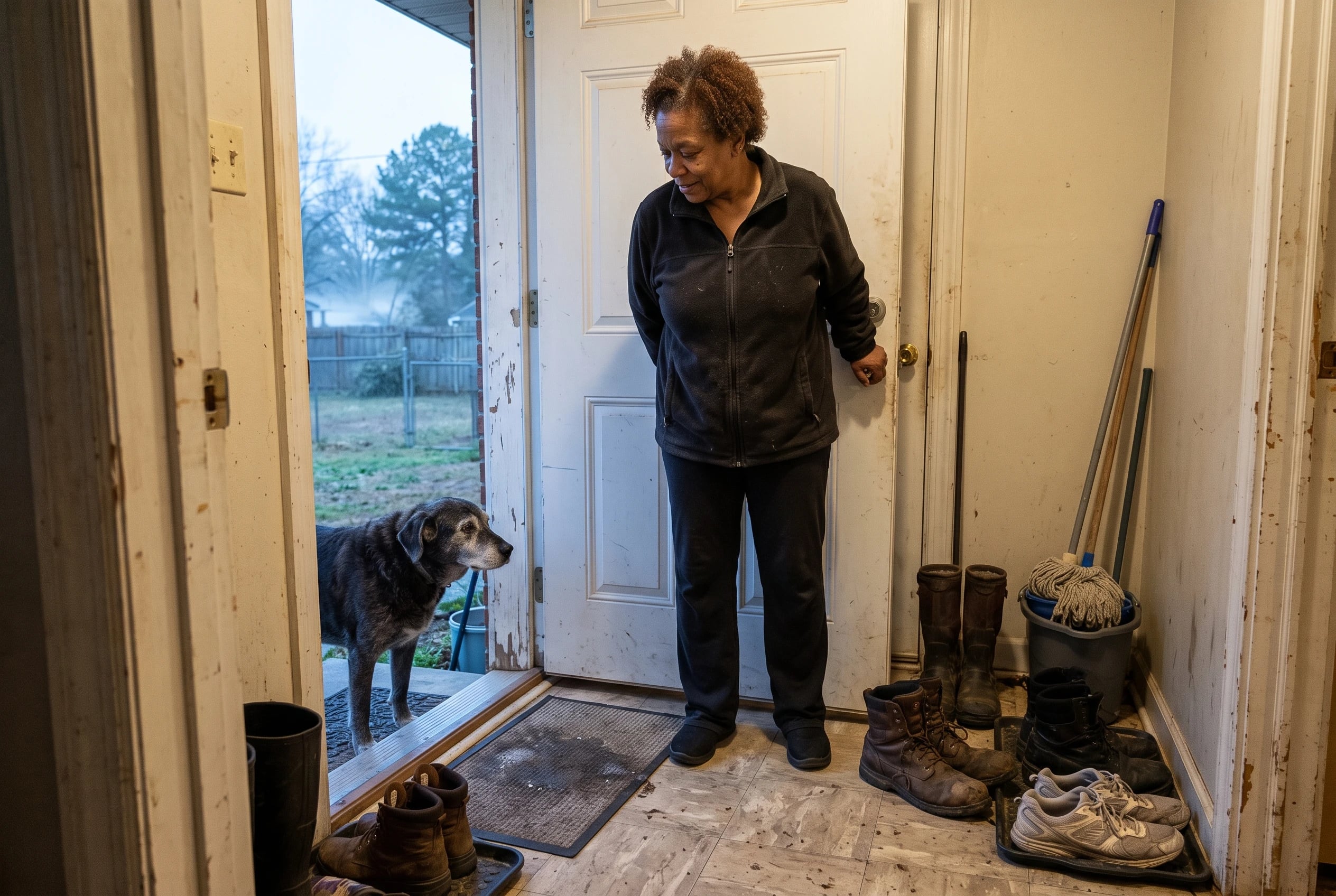 An older woman holds open a back door while her dog waits to go outside again.