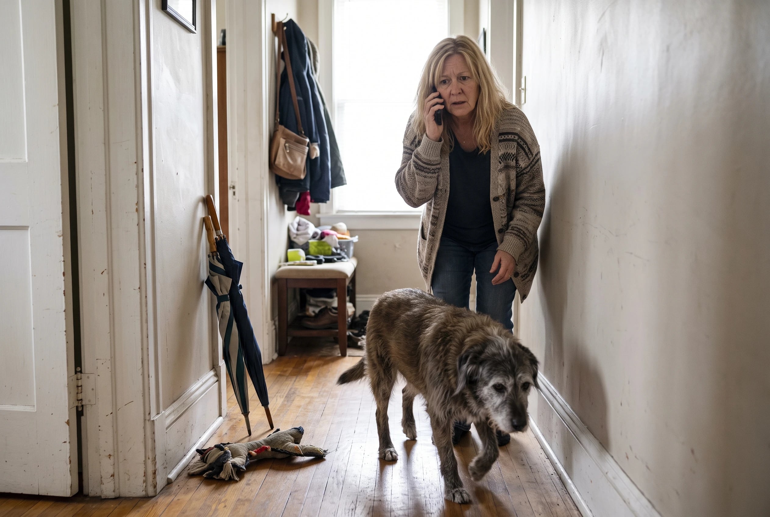 An older woman calls an emergency veterinary clinic while watching her dog in the hallway.