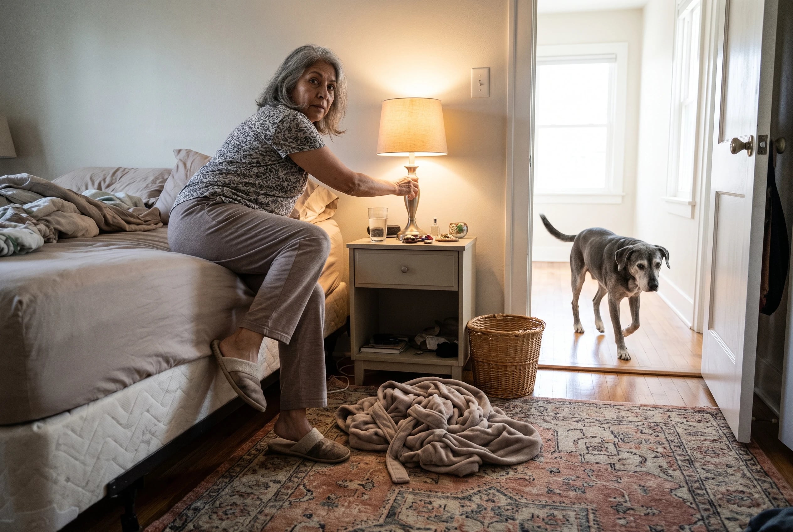 An older woman turns on a bedroom lamp as her dog wanders past the doorway.