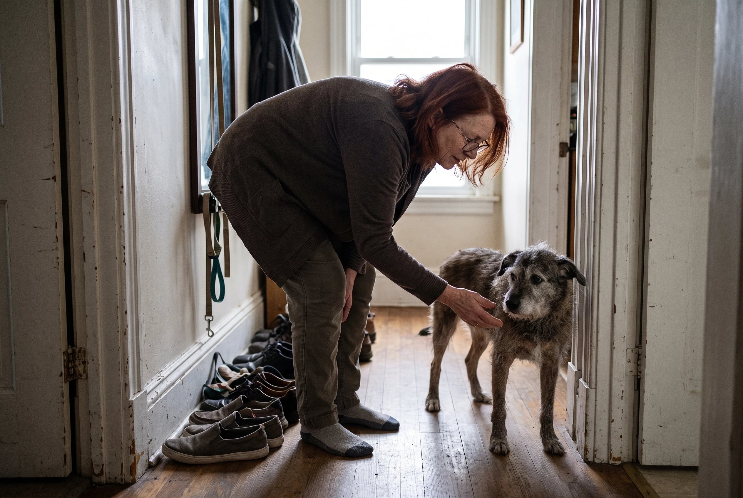 An older woman guides her dog away from a corner in a dim hallway.