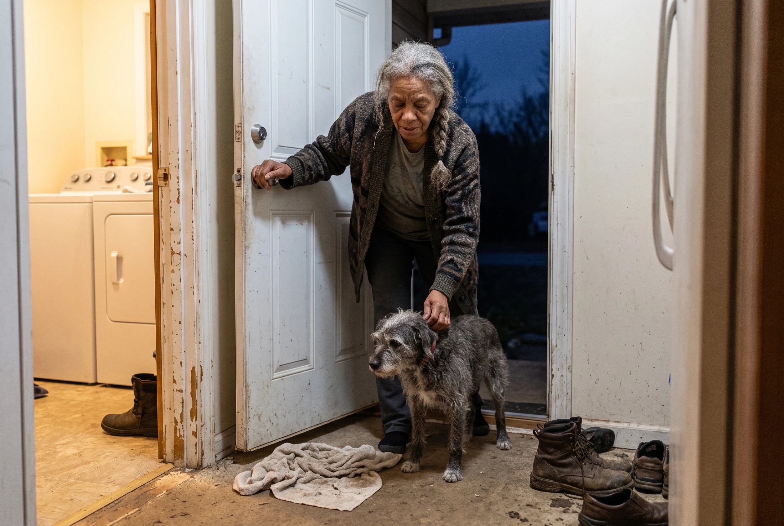 An older woman opens the back door for her dog before dawn.