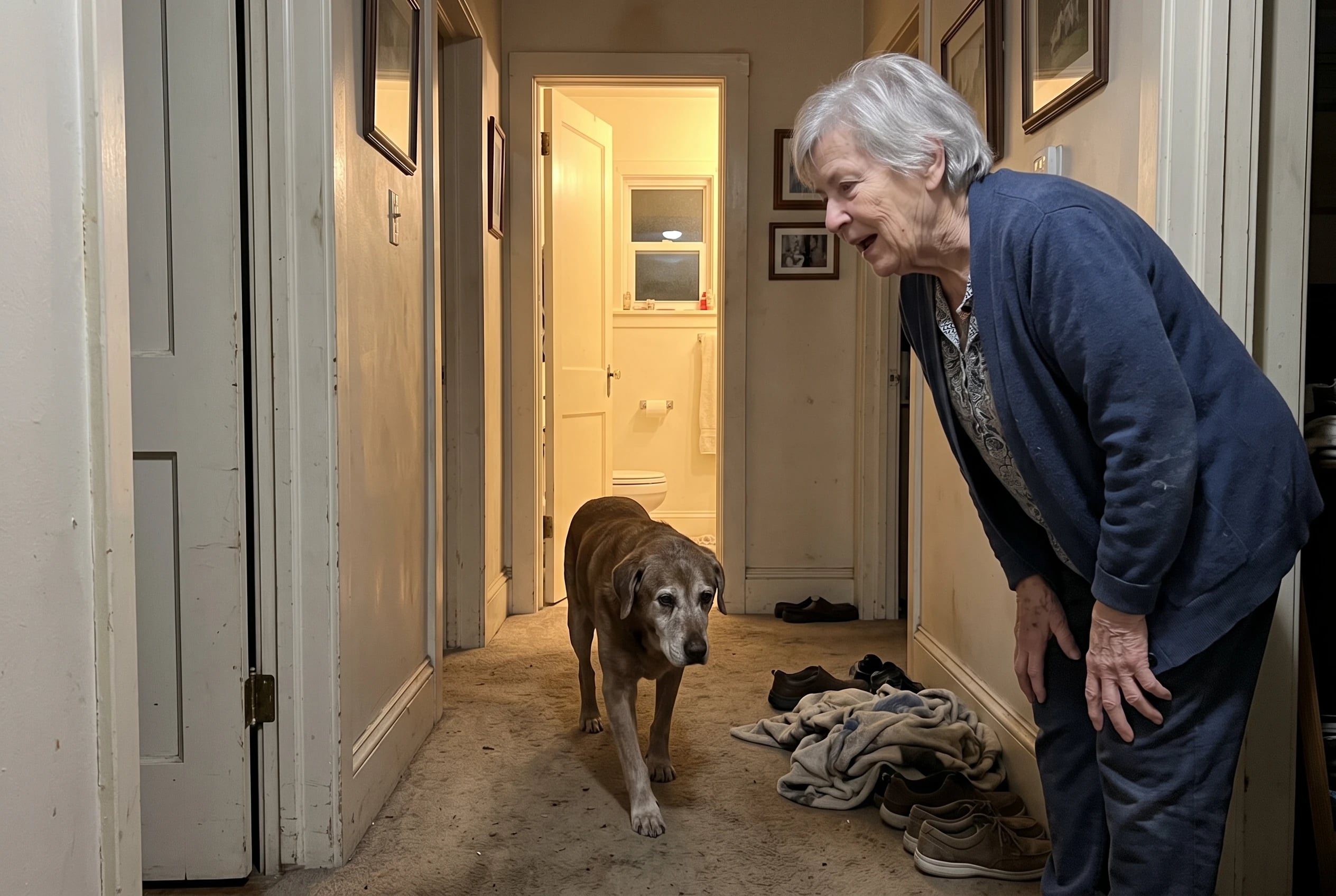 An older woman watches her dog turn around in a familiar hallway at night.