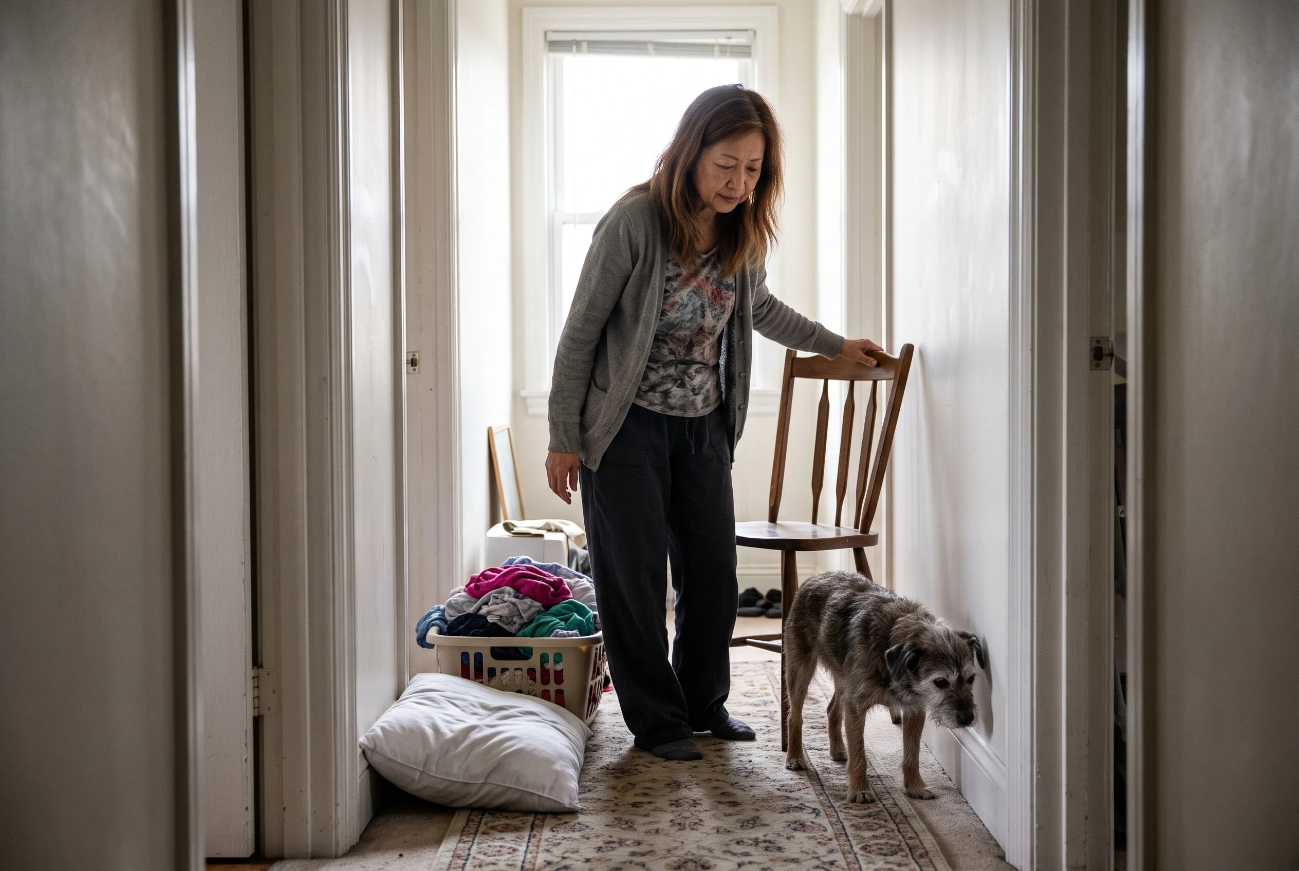 An older woman moves a chair out of her dog’s path in the guest-room hallway.