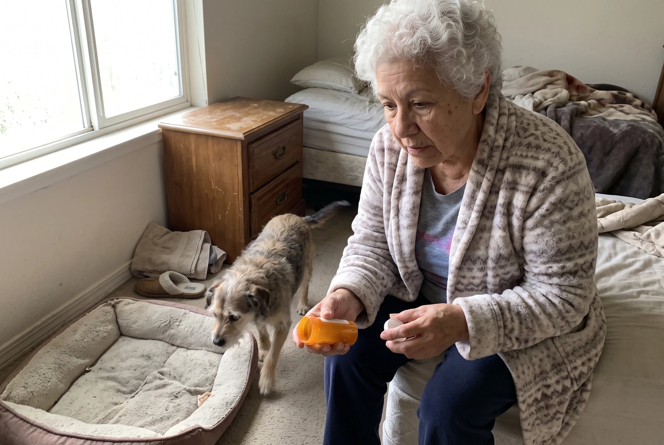 An older woman holds her dog’s medication container beside his bed in the bedroom.