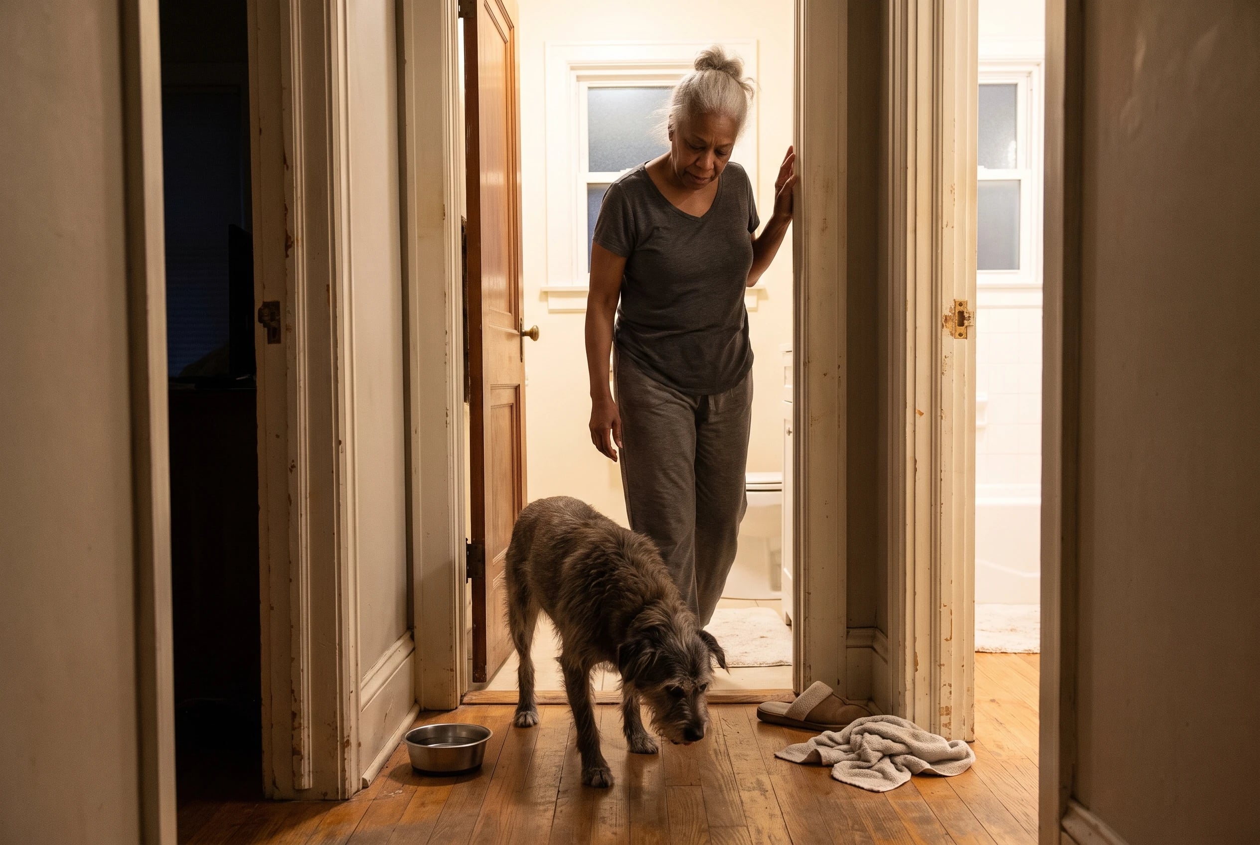 An older woman follows her dog from the bedroom to his water bowl at night.