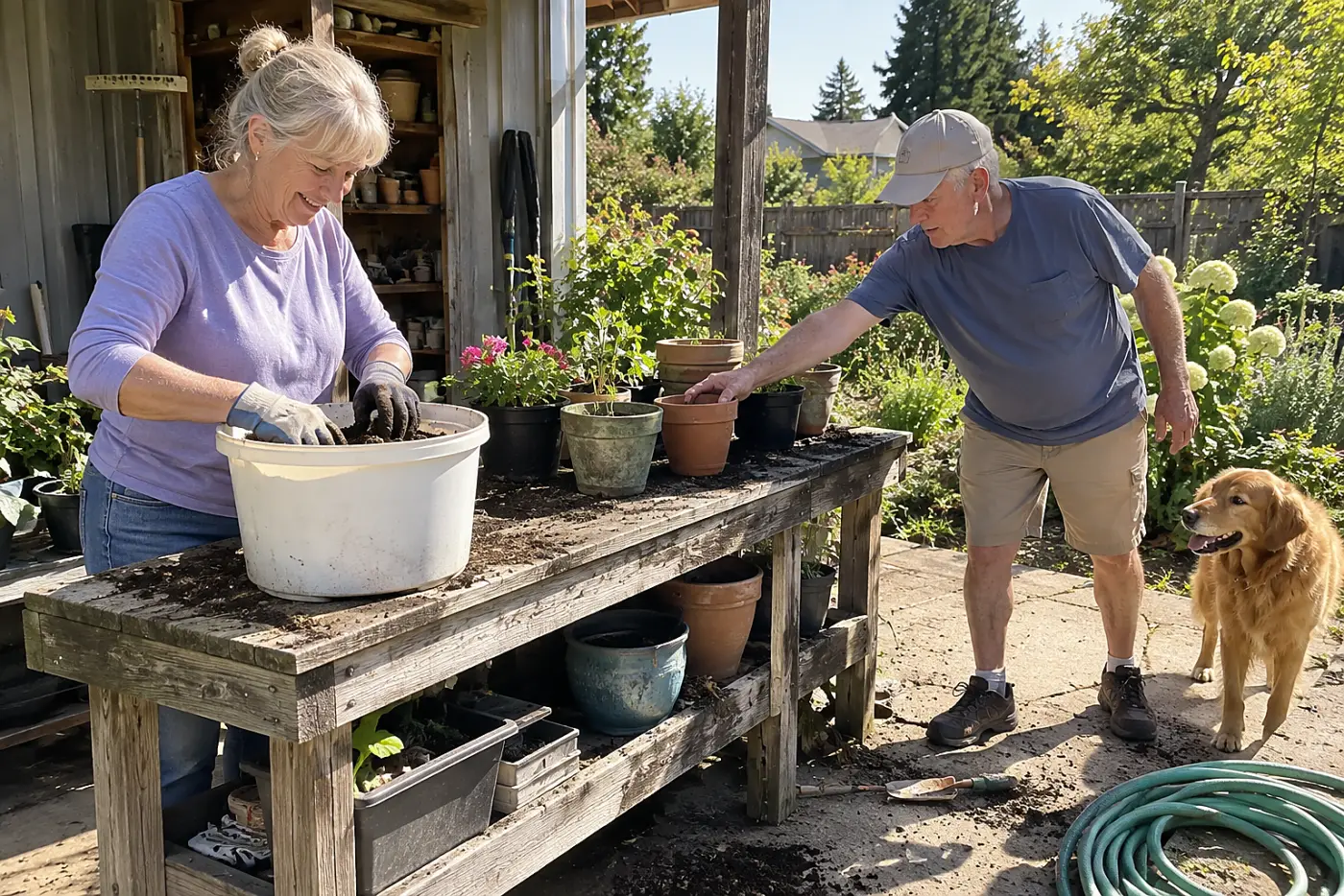 Older woman mixing soil samples in a clean bucket at her potting bench.