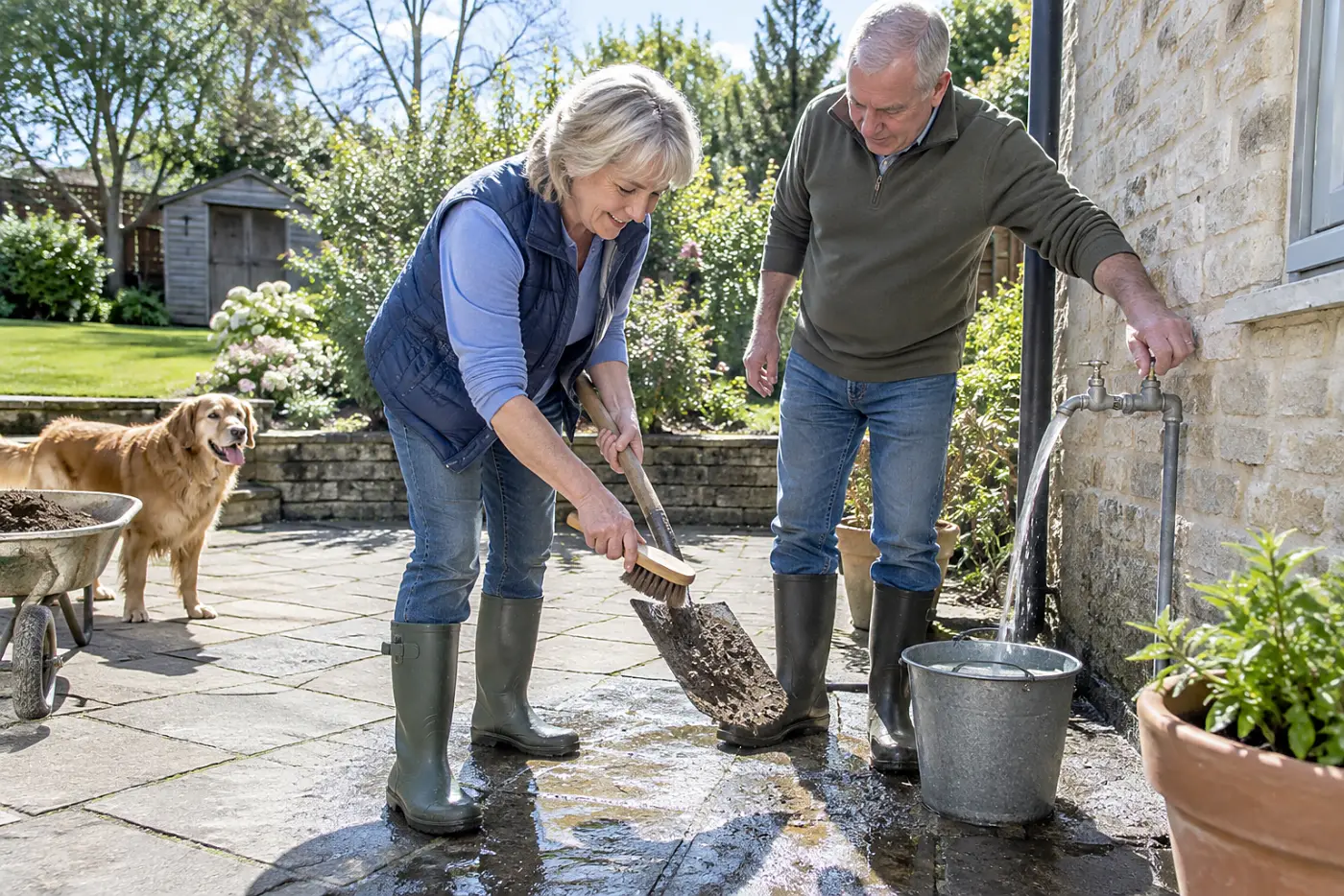 Older woman scrubbing a garden shovel beside an outdoor faucet.