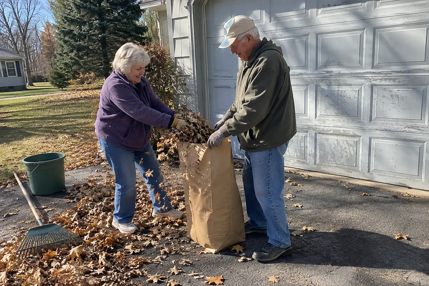 Older woman filling a paper yard bag with dry leaves beside her garage.