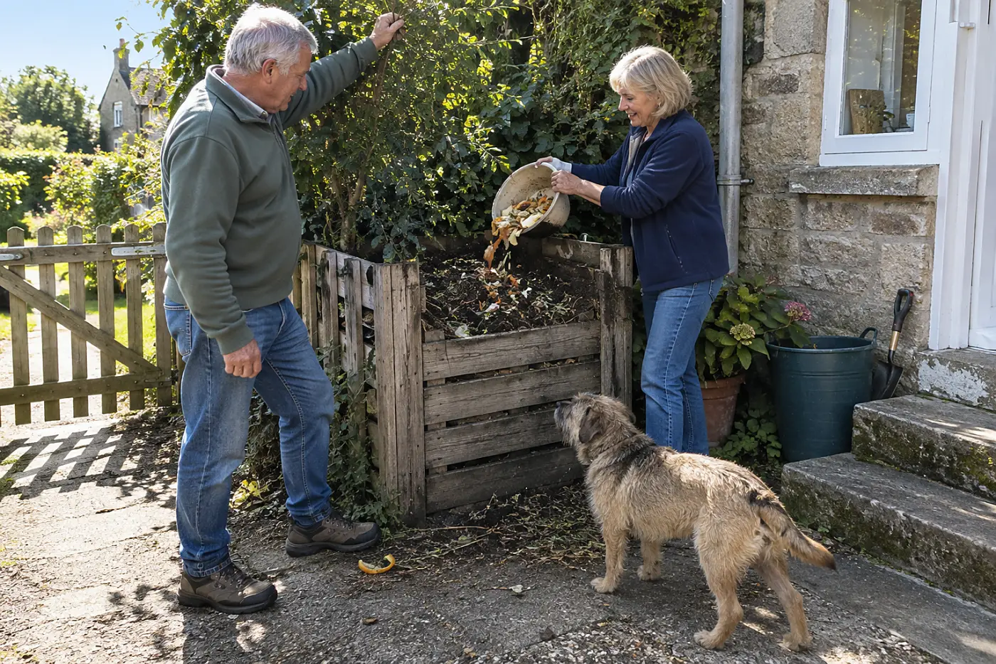 Older woman emptying vegetable peelings into a compost pile behind her kitchen.