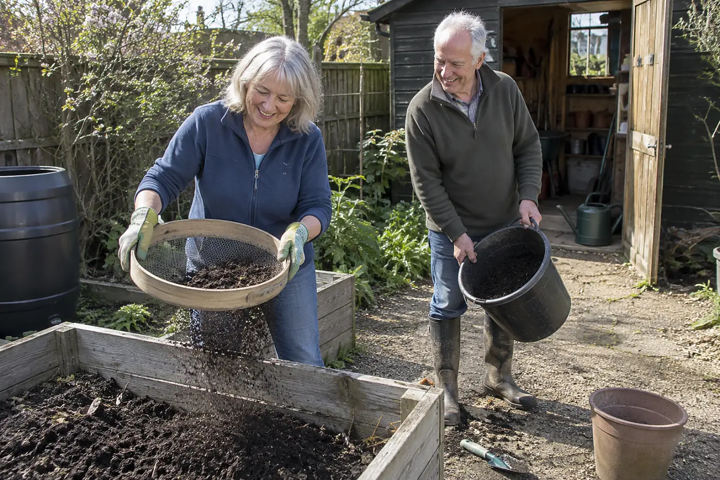 Older woman sifting finished compost beside a wooden garden bed.