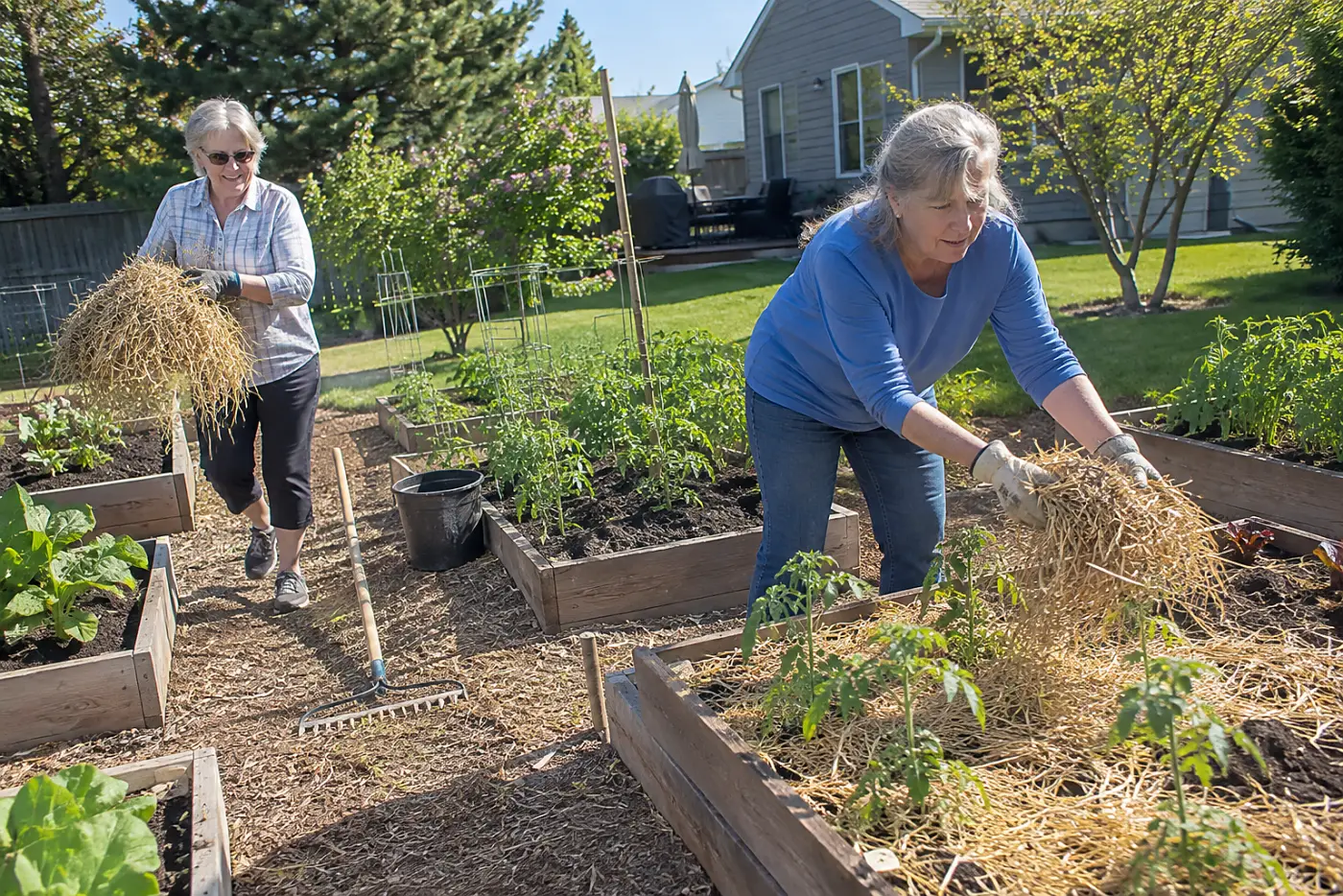 Older woman spreading straw between rows of vegetables in a backyard garden.