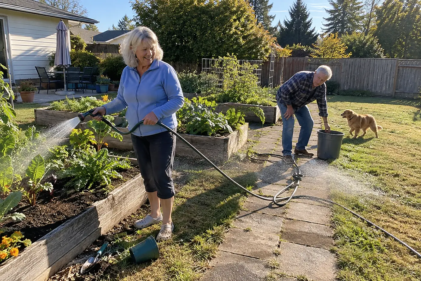 Older woman watering a backyard vegetable bed with a hose in the morning.