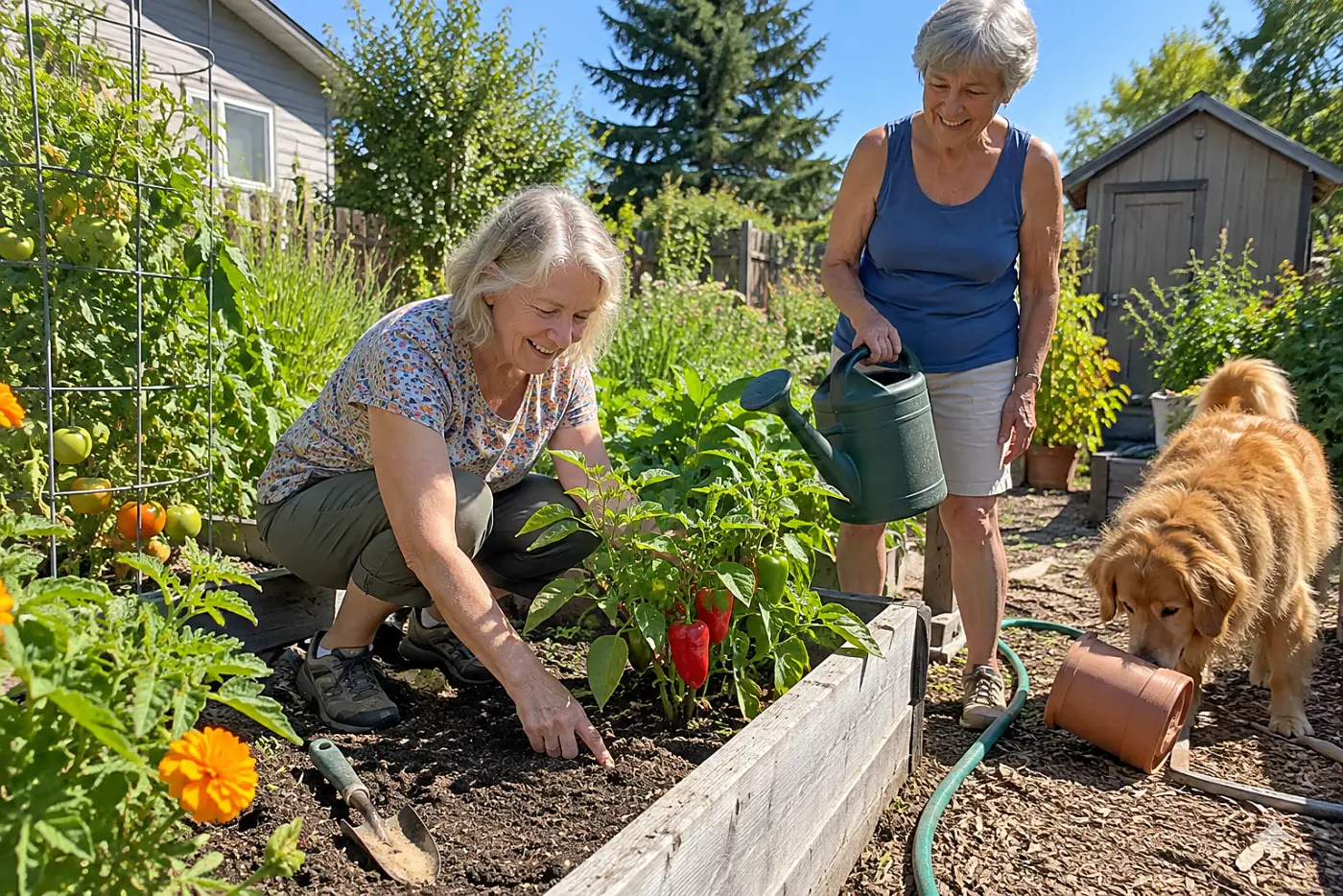 Older woman pressing a finger into the soil beside a pepper plant.