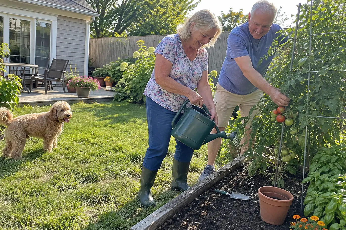 Older woman aiming a watering can at the soil beneath a tomato plant.