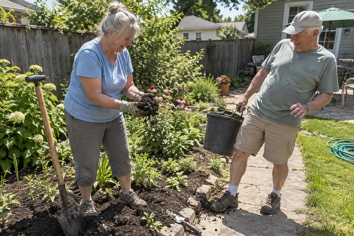 Older woman squeezing damp soil beside a shovel in her garden.
