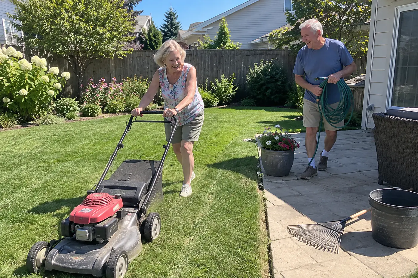 Older woman mowing a lawn while fine grass clippings settle behind the mower.