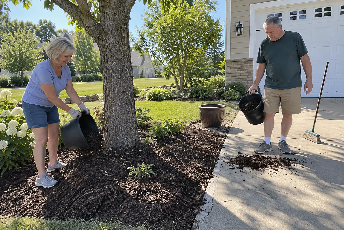 Older woman pulling wood mulch away from a tree trunk beside her driveway.