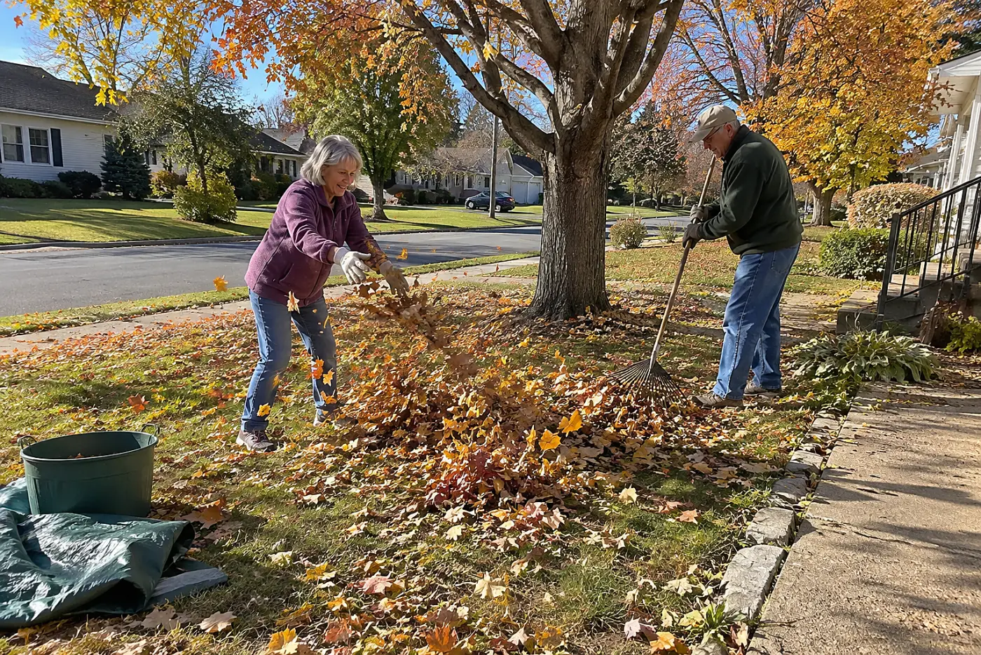 Older woman spreading fallen leaves beneath a tree in her front yard.